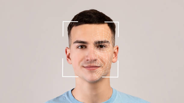 Smiling young caucasian male, double exposure with id scan, isolated on light background. Futuristic and technological face scanning for face recognition and person. Personal safety, future, security