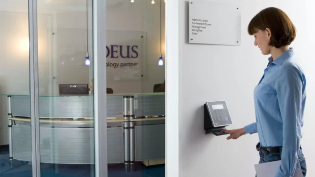 A woman scanning her fingerprint