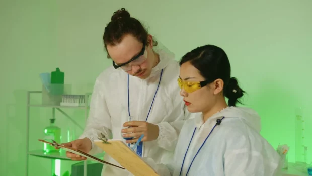 A Man and a Woman Wearing Personal Protective Equipment Holding Clipboards and checking protein expression